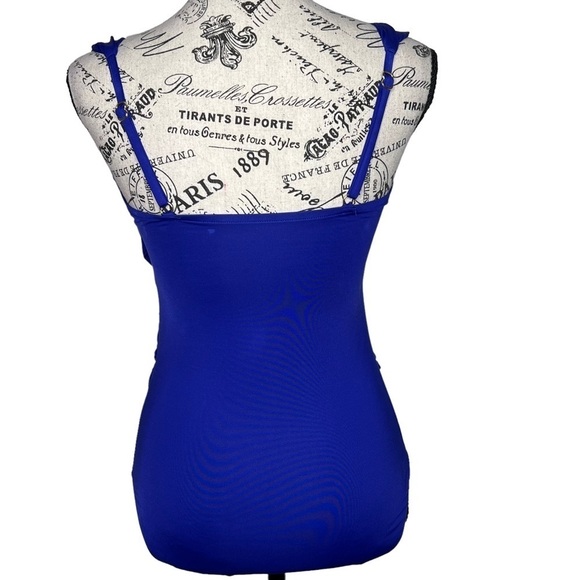 Badgley Mischka Wide Strap Draped Front One-Piece Swimsuit Cobalt Blue Small - Picture 3 of 15